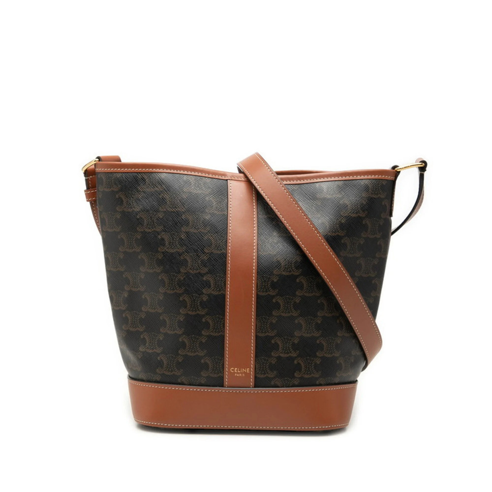 Celine Triomphe Small Bucket Crossbody Shoulder Bag, Brown/Black Leather, Wom...